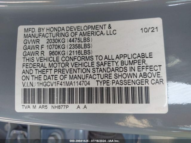 Photo 8 VIN: 1HGCV1F41MA114704 - HONDA ACCORD 