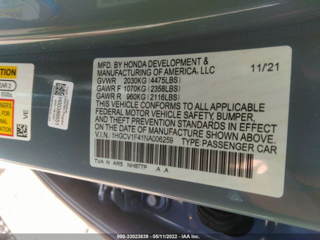 Photo 8 VIN: 1HGCV1F41NA006259 - HONDA ACCORD SEDAN 