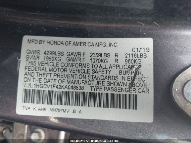 Photo 8 VIN: 1HGCV1F42KA048838 - HONDA ACCORD 