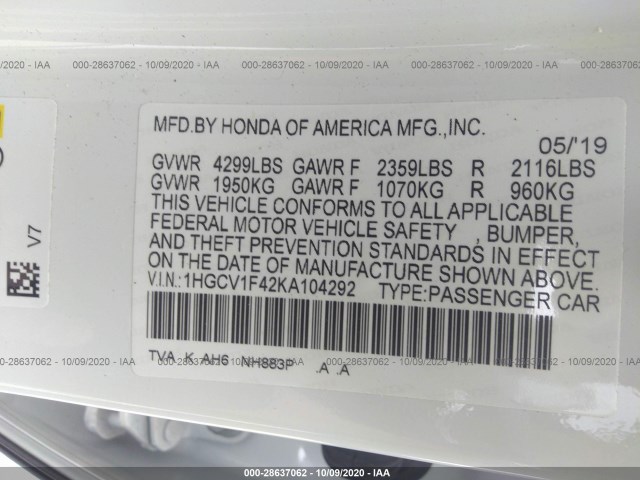 Photo 8 VIN: 1HGCV1F42KA104292 - HONDA ACCORD SEDAN 