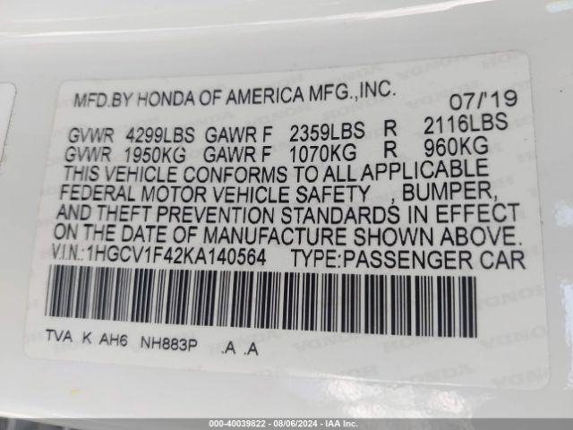 Photo 8 VIN: 1HGCV1F42KA140564 - HONDA ACCORD 