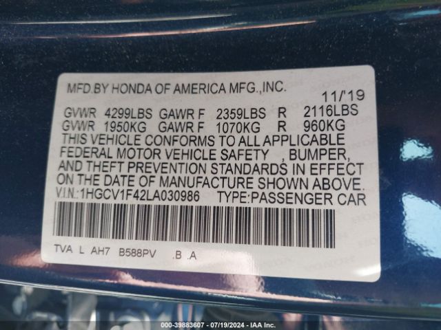 Photo 8 VIN: 1HGCV1F42LA030986 - HONDA ACCORD 