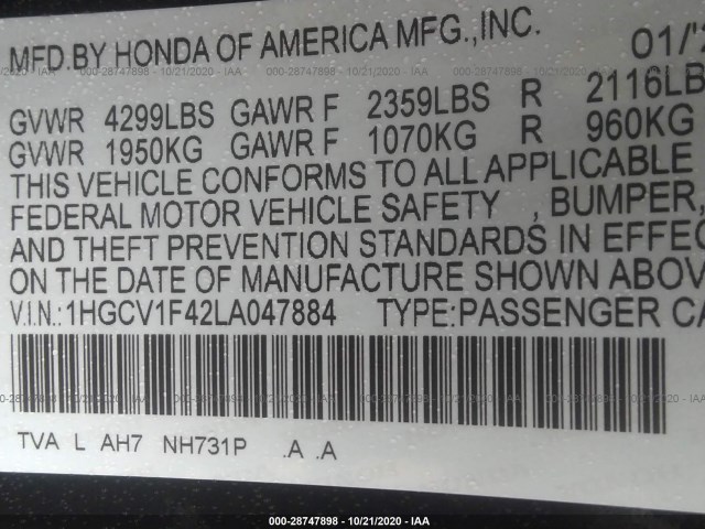 Photo 8 VIN: 1HGCV1F42LA047884 - HONDA ACCORD SEDAN 