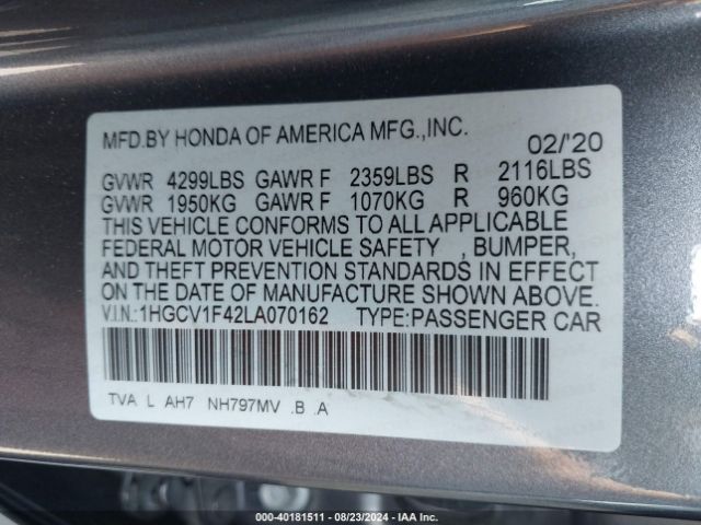 Photo 8 VIN: 1HGCV1F42LA070162 - HONDA ACCORD 