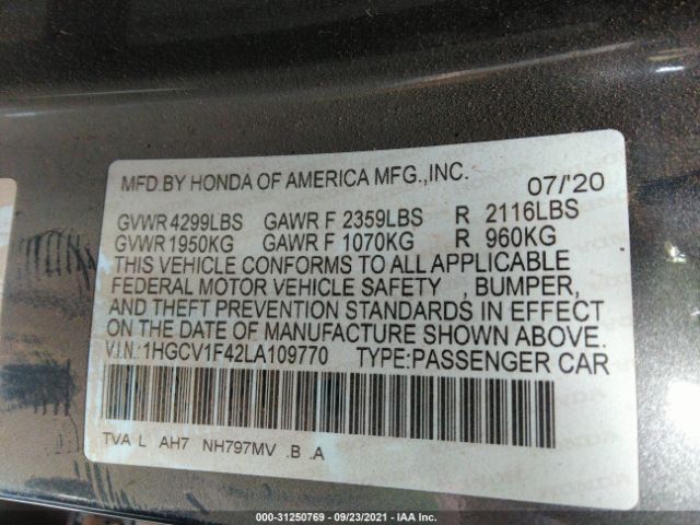 Photo 8 VIN: 1HGCV1F42LA109770 - HONDA ACCORD SEDAN 