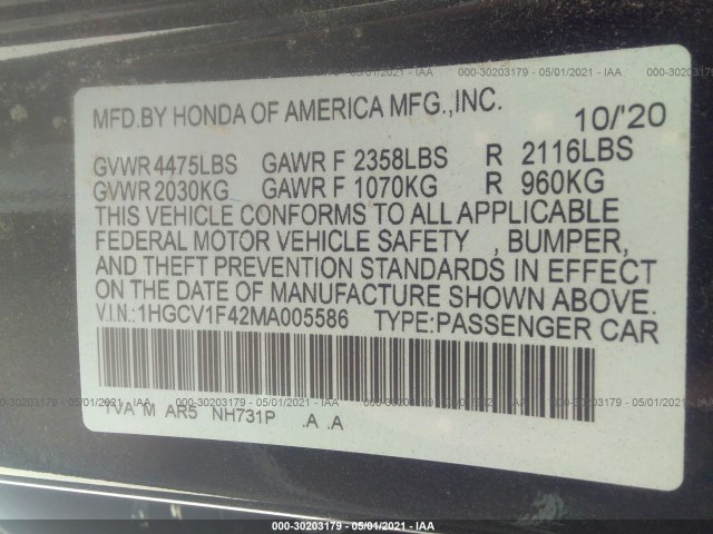 Photo 8 VIN: 1HGCV1F42MA005586 - HONDA ACCORD SEDAN 