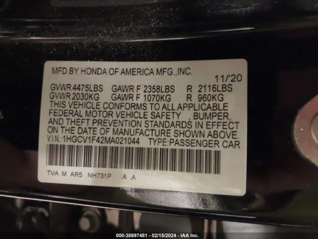 Photo 8 VIN: 1HGCV1F42MA021044 - HONDA ACCORD 