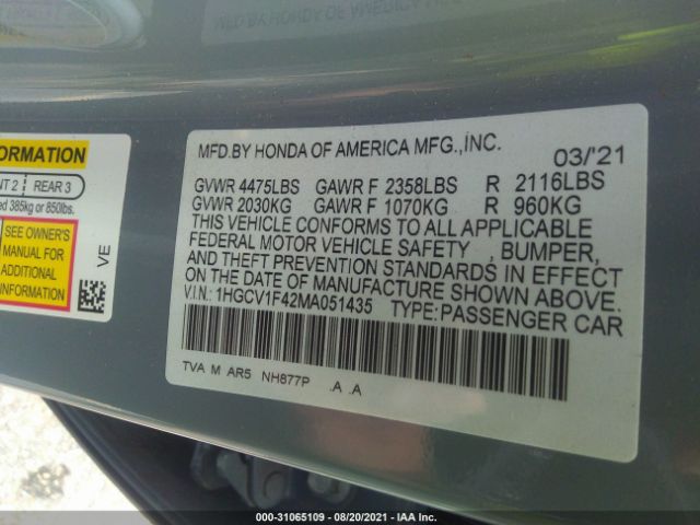 Photo 8 VIN: 1HGCV1F42MA051435 - HONDA ACCORD 