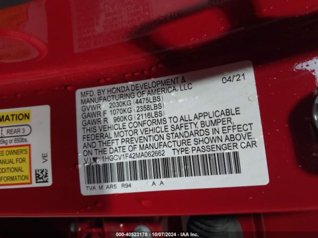 Photo 8 VIN: 1HGCV1F42MA062662 - HONDA ACCORD 