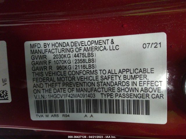 Photo 8 VIN: 1HGCV1F42MA091403 - HONDA ACCORD 