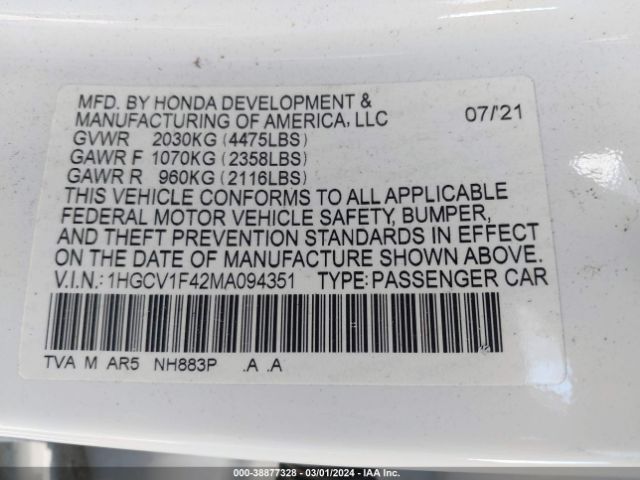 Photo 8 VIN: 1HGCV1F42MA094351 - HONDA ACCORD 