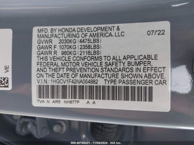 Photo 8 VIN: 1HGCV1F42NA064882 - HONDA ACCORD 