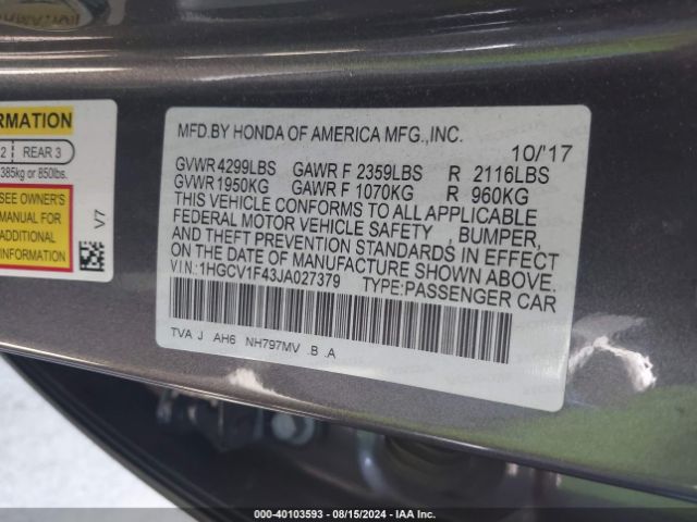 Photo 8 VIN: 1HGCV1F43JA027379 - HONDA ACCORD 