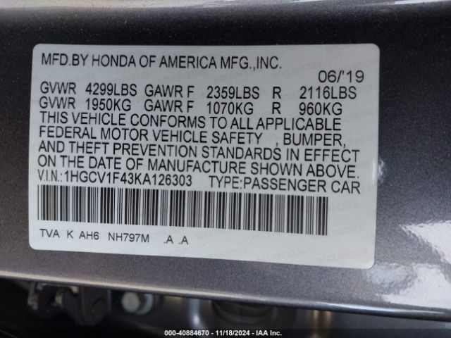 Photo 8 VIN: 1HGCV1F43KA126303 - HONDA ACCORD 