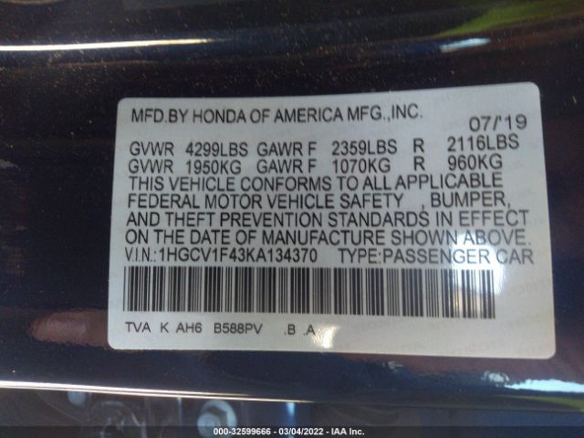 Photo 8 VIN: 1HGCV1F43KA134370 - HONDA ACCORD SEDAN 