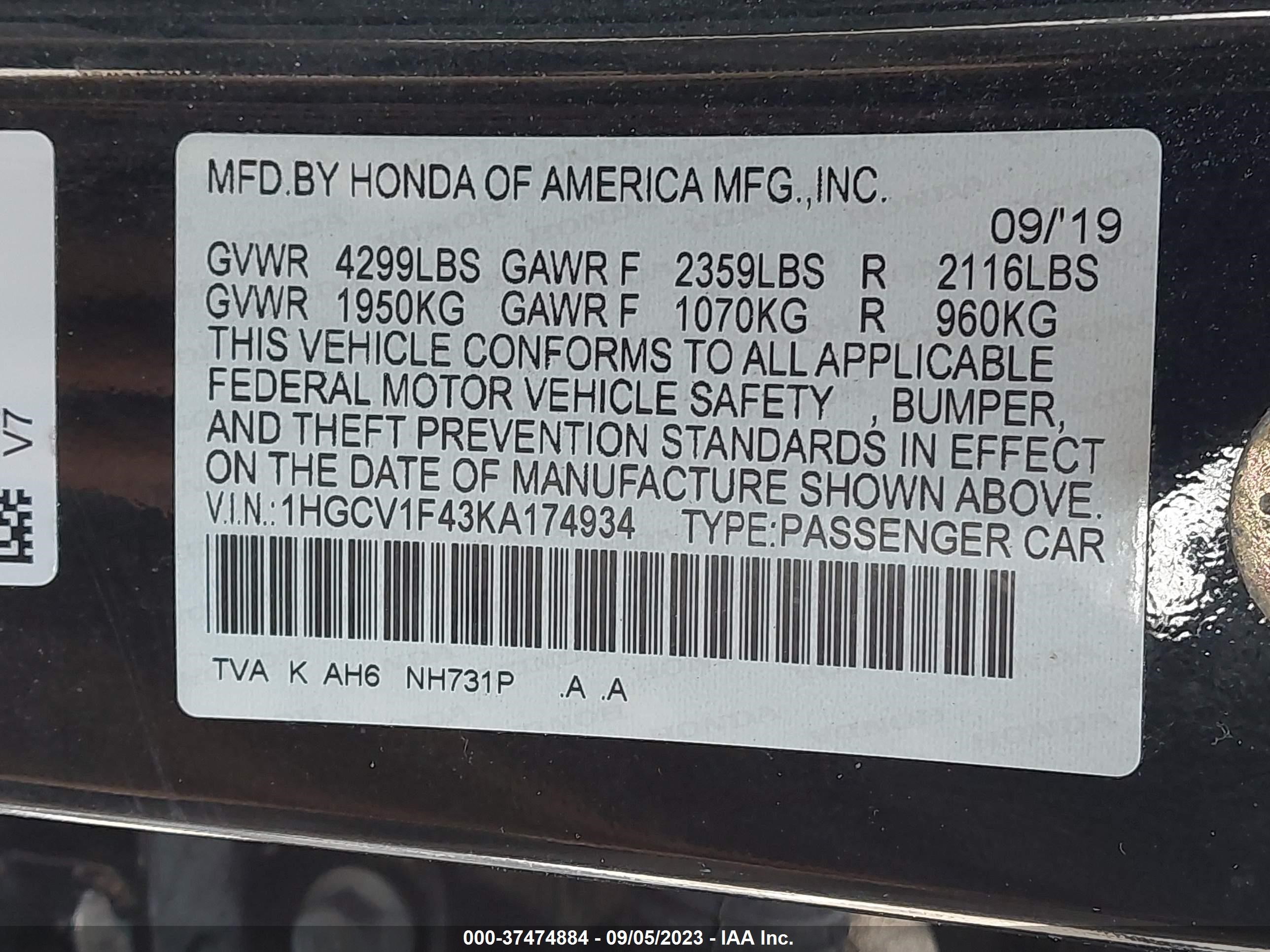 Photo 8 VIN: 1HGCV1F43KA174934 - HONDA ACCORD 