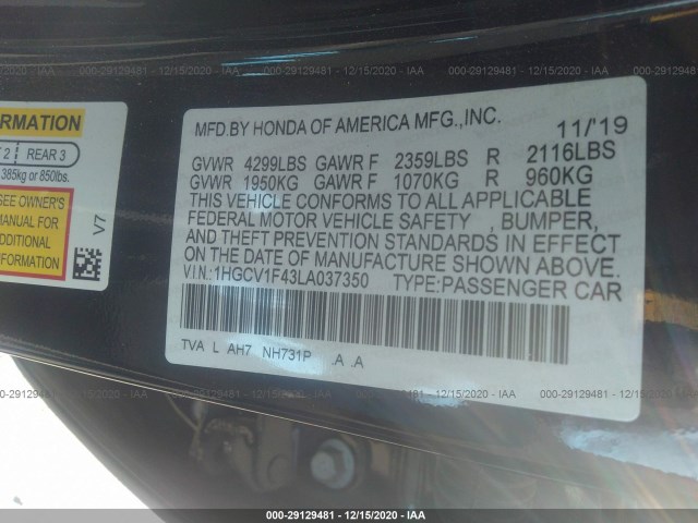 Photo 8 VIN: 1HGCV1F43LA037350 - HONDA ACCORD SEDAN 