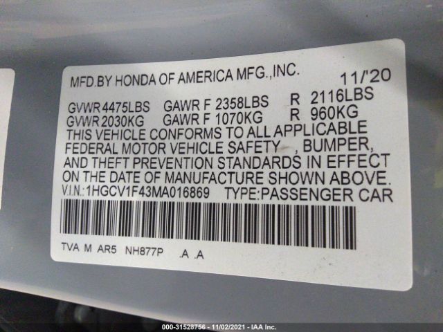 Photo 8 VIN: 1HGCV1F43MA016869 - HONDA ACCORD SEDAN 