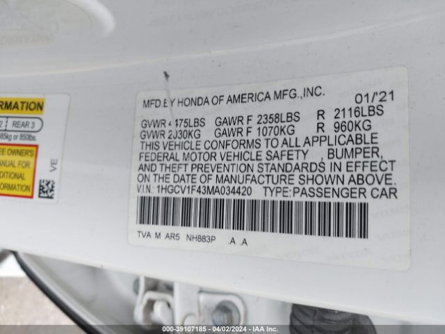 Photo 8 VIN: 1HGCV1F43MA034420 - HONDA ACCORD 