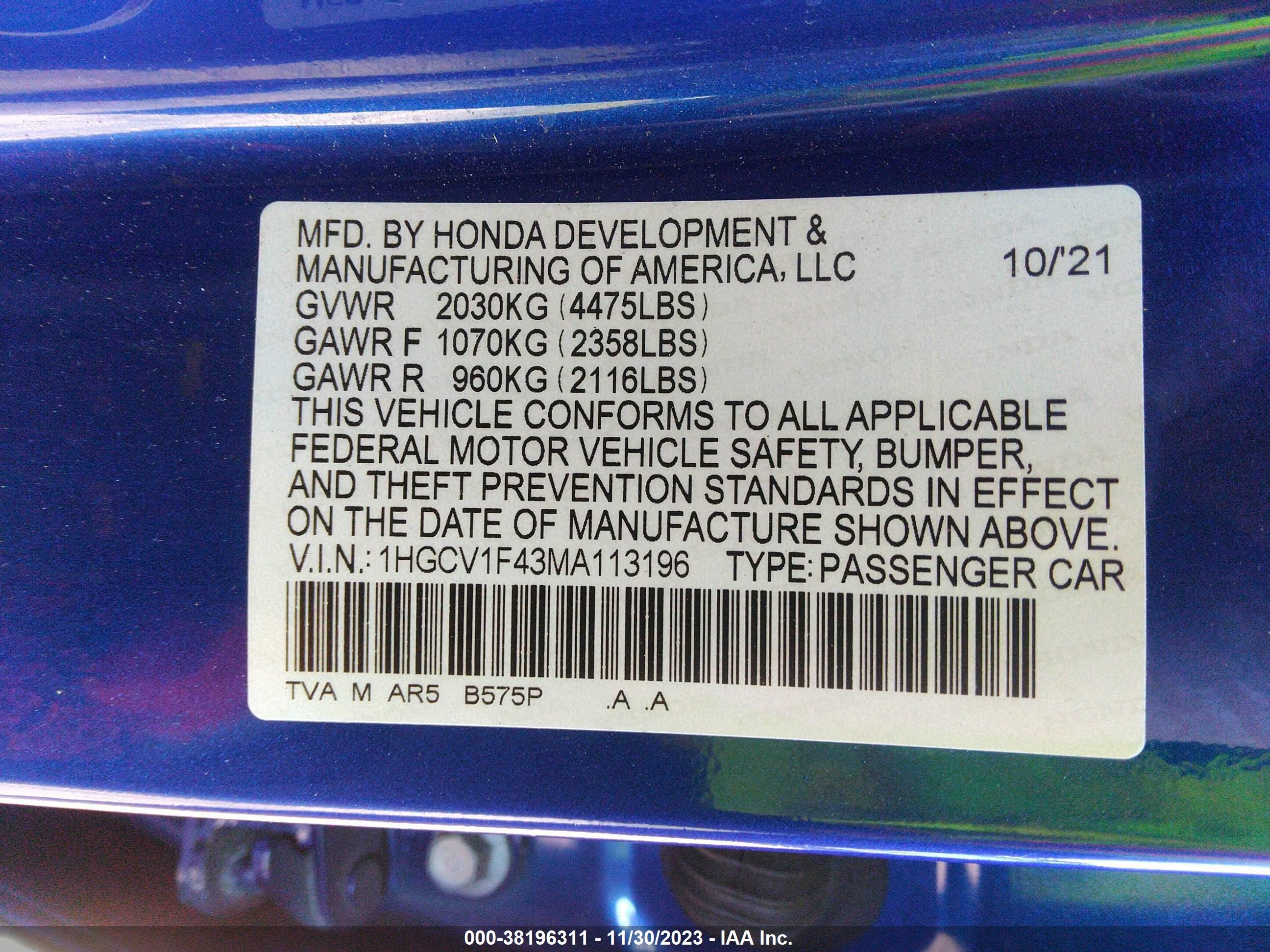 Photo 8 VIN: 1HGCV1F43MA113196 - HONDA ACCORD 