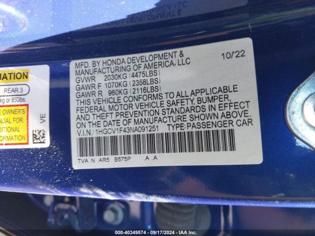 Photo 8 VIN: 1HGCV1F43NA091251 - HONDA ACCORD 