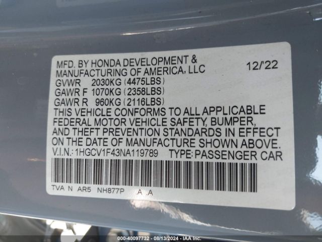 Photo 8 VIN: 1HGCV1F43NA119789 - HONDA ACCORD 