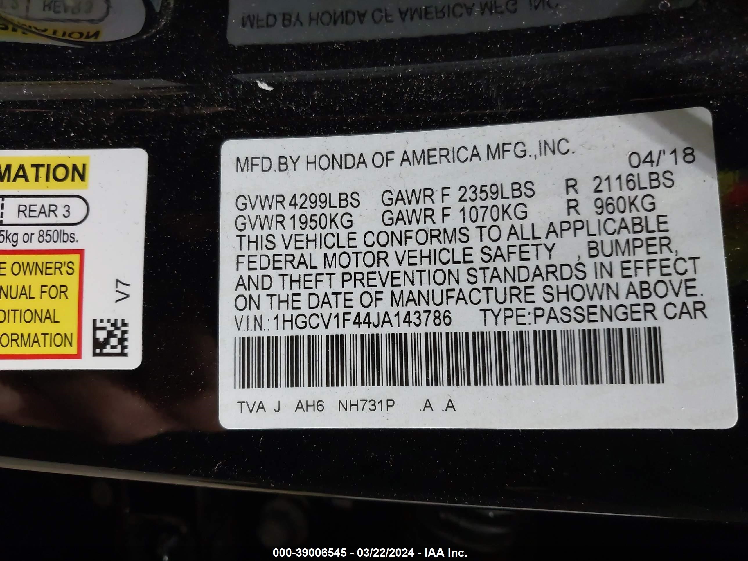 Photo 8 VIN: 1HGCV1F44JA143786 - HONDA ACCORD 