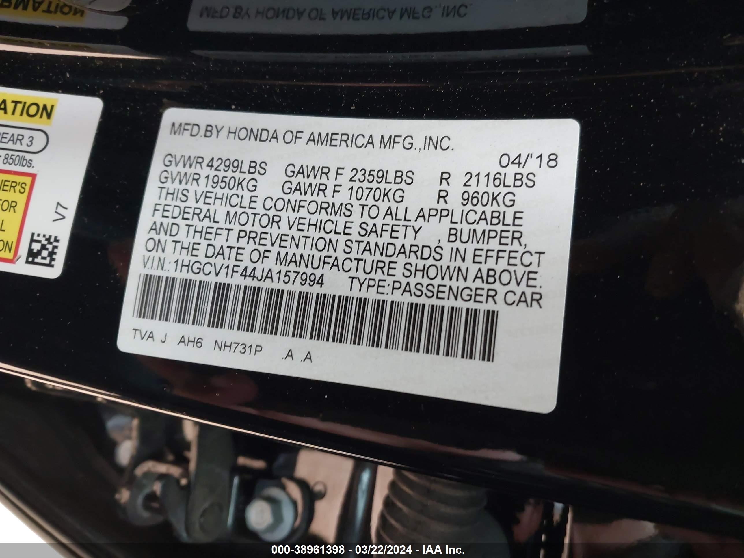 Photo 8 VIN: 1HGCV1F44JA157994 - HONDA ACCORD 