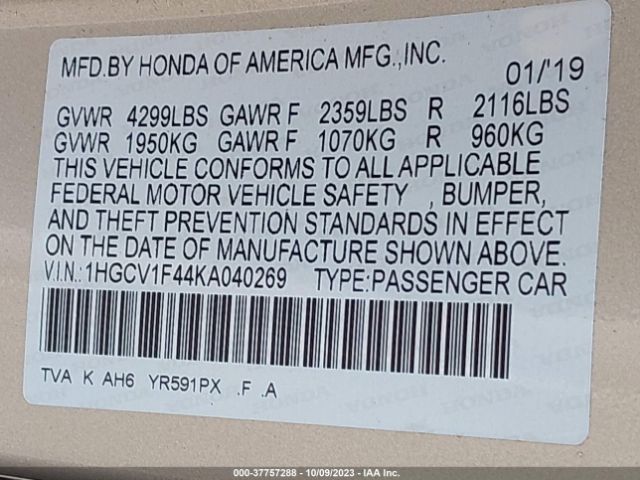 Photo 8 VIN: 1HGCV1F44KA040269 - HONDA ACCORD 