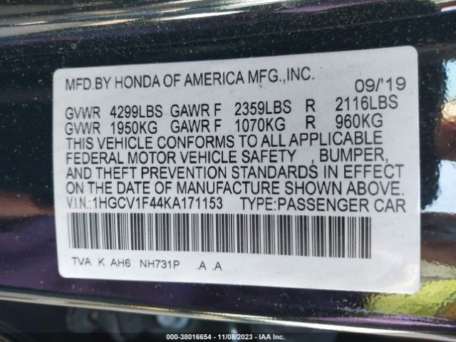 Photo 8 VIN: 1HGCV1F44KA171153 - HONDA ACCORD 