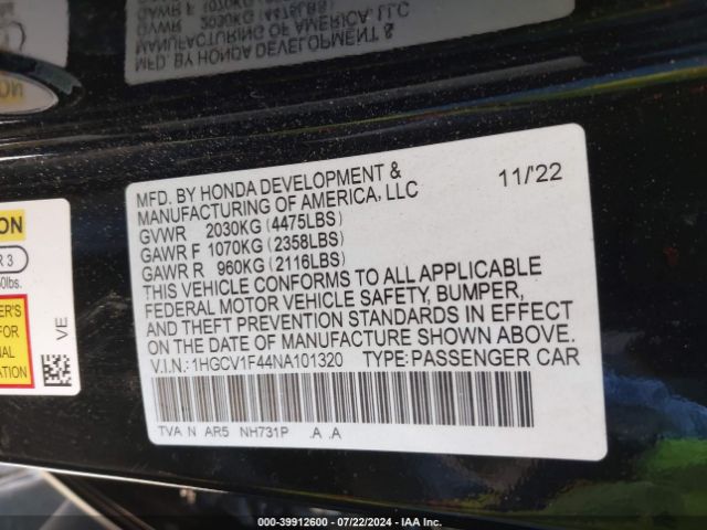 Photo 8 VIN: 1HGCV1F44NA101320 - HONDA ACCORD 