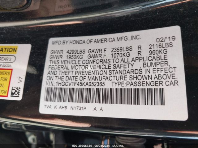 Photo 8 VIN: 1HGCV1F45KA052365 - HONDA ACCORD 