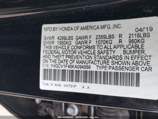 Photo 8 VIN: 1HGCV1F45KA094566 - HONDA ACCORD 