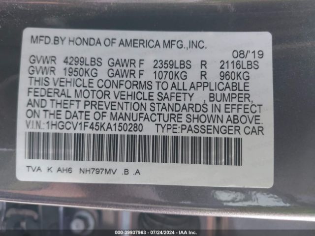 Photo 8 VIN: 1HGCV1F45KA150280 - HONDA ACCORD 