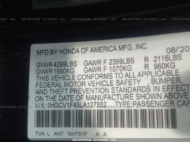 Photo 8 VIN: 1HGCV1F45LA127552 - HONDA ACCORD SEDAN 