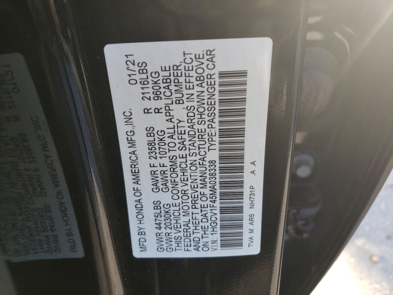 Photo 12 VIN: 1HGCV1F45MA038338 - HONDA ACCORD 