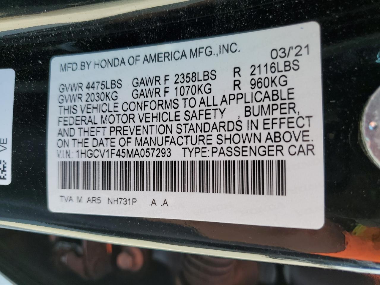 Photo 12 VIN: 1HGCV1F45MA057293 - HONDA ACCORD 