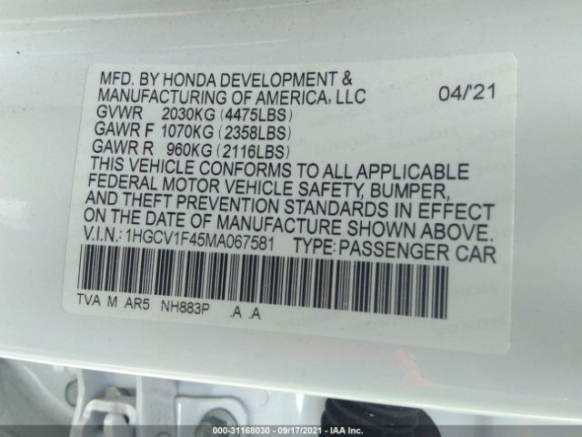 Photo 8 VIN: 1HGCV1F45MA067581 - HONDA ACCORD SEDAN 