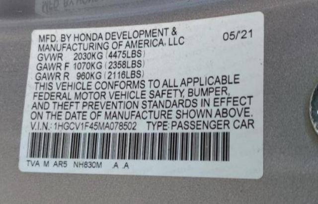 Photo 12 VIN: 1HGCV1F45MA078502 - HONDA ACCORD SPO 