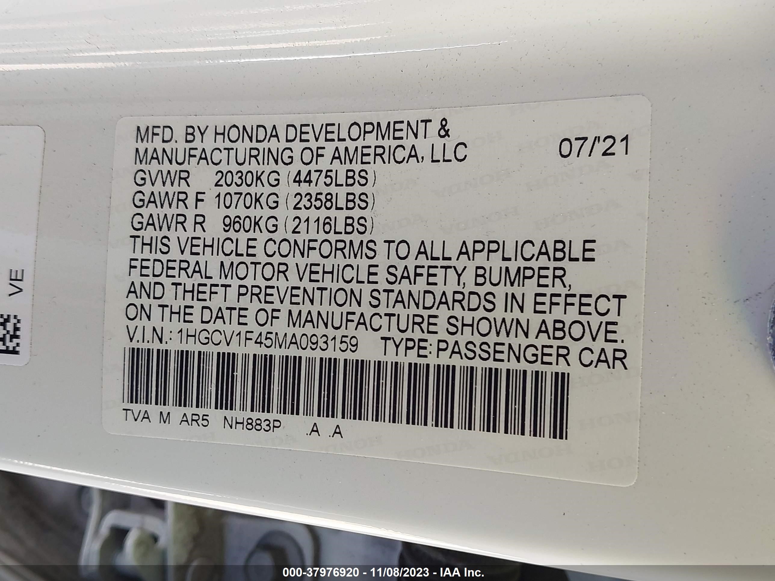 Photo 8 VIN: 1HGCV1F45MA093159 - HONDA ACCORD SPO 