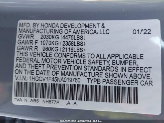 Photo 8 VIN: 1HGCV1F45NA019760 - HONDA ACCORD 