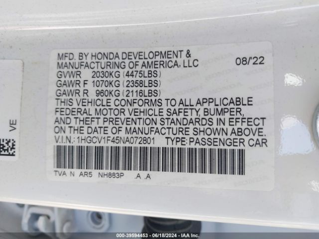 Photo 8 VIN: 1HGCV1F45NA072801 - HONDA ACCORD 