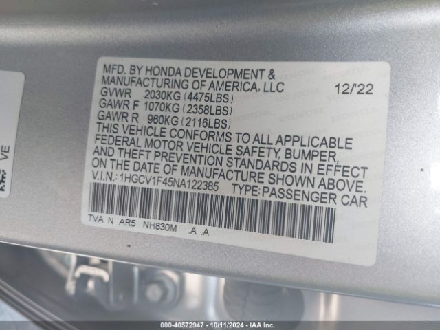 Photo 8 VIN: 1HGCV1F45NA122385 - HONDA ACCORD 