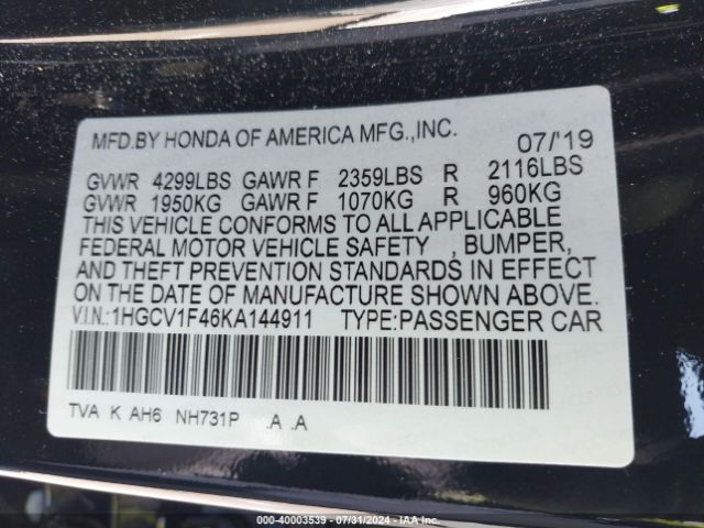 Photo 8 VIN: 1HGCV1F46KA144911 - HONDA ACCORD 