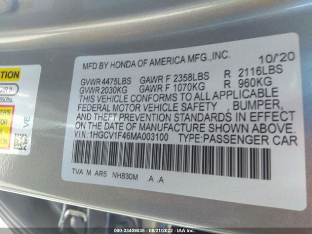 Photo 8 VIN: 1HGCV1F46MA003100 - HONDA ACCORD SEDAN 