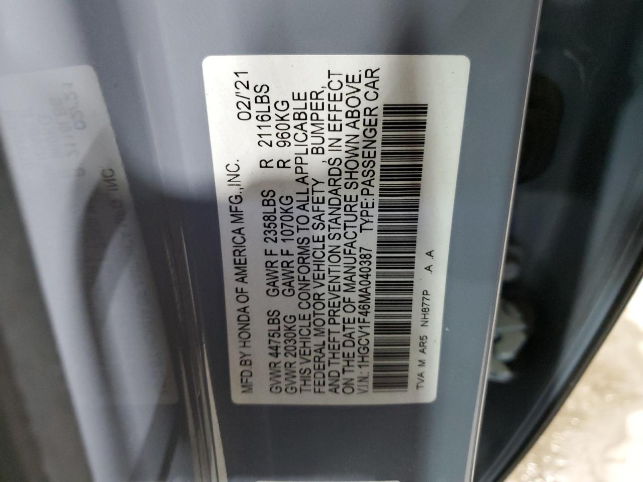 Photo 11 VIN: 1HGCV1F46MA040387 - HONDA ACCORD 