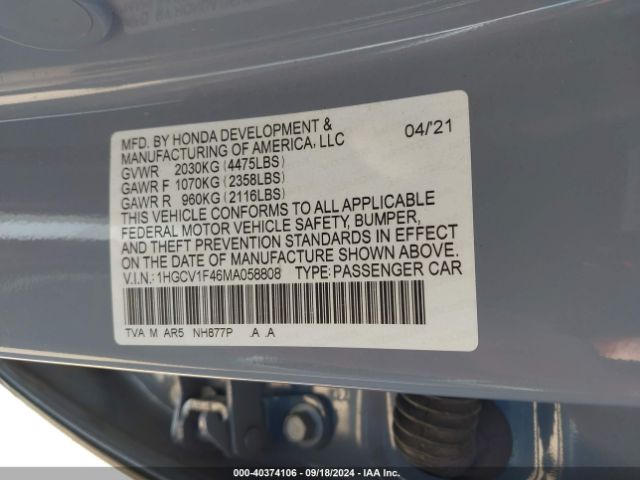 Photo 8 VIN: 1HGCV1F46MA058808 - HONDA ACCORD 