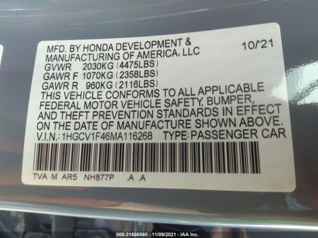 Photo 8 VIN: 1HGCV1F46MA116268 - HONDA ACCORD SEDAN 