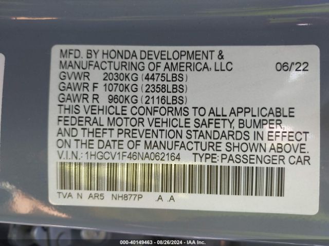 Photo 8 VIN: 1HGCV1F46NA062164 - HONDA ACCORD 