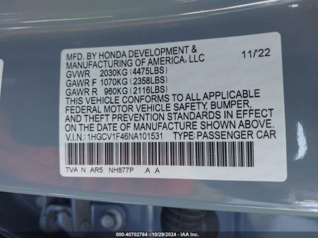 Photo 8 VIN: 1HGCV1F46NA101531 - HONDA ACCORD 